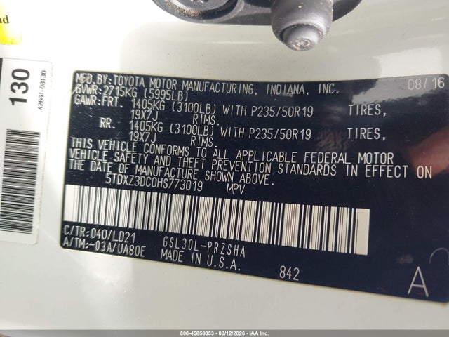 45858053 :رقم المزاد ، 5TDXZ3DC0HS773019 vin ، 2017 Toyota Sienna Se 8 Passenger مزاد بيع