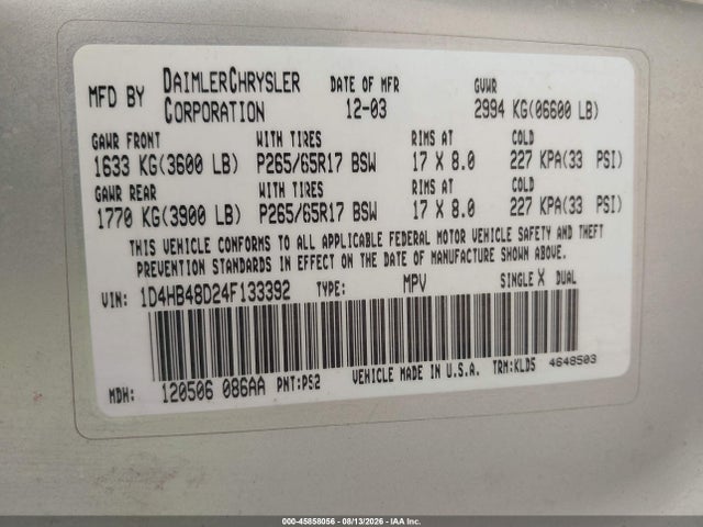 Aukcja sprzedaży 2004 Dodge Durango Slt, vin: 1D4HB48D24F133392, numer aukcji: 45858056