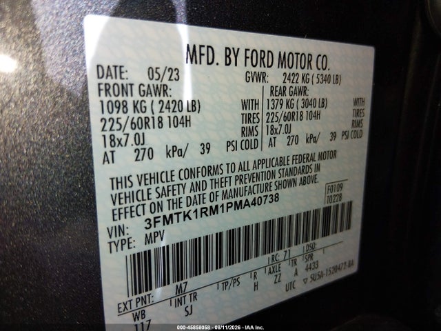 Продажа на аукционе авто 2023 Ford Mustang Mach-e Select, vin: 3FMTK1RM1PMA40738, номер лота: 45858058