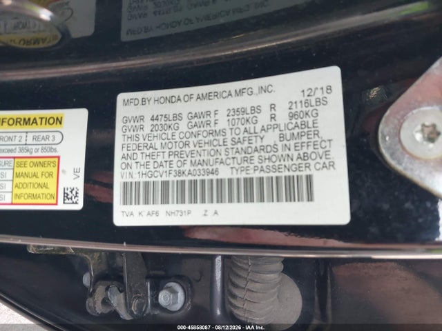 45858087 :رقم المزاد ، 1HGCV1F38KA033946 vin ، 2019 Honda Accord Sport مزاد بيع