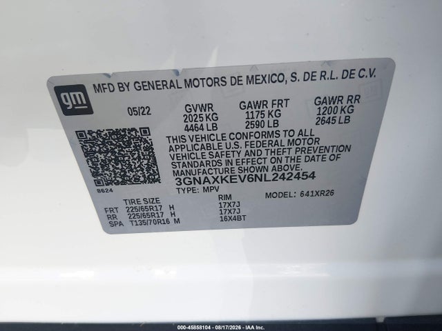45858104 :رقم المزاد ، 3GNAXKEV6NL242454 vin ، 2022 Chevrolet Equinox Fwd Lt مزاد بيع