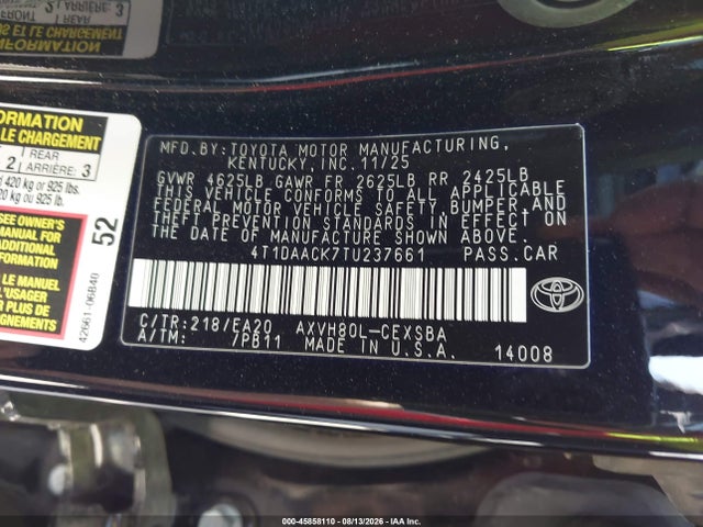 Продаж на аукціоні авто 2026 Toyota Camry Se, vin: 4T1DAACK7TU237661, номер лоту: 45858110