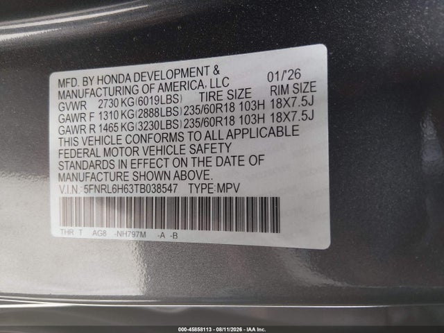 Honda Odyssey Ex-l 2026 5FNRL6H63TB038547 Image 9