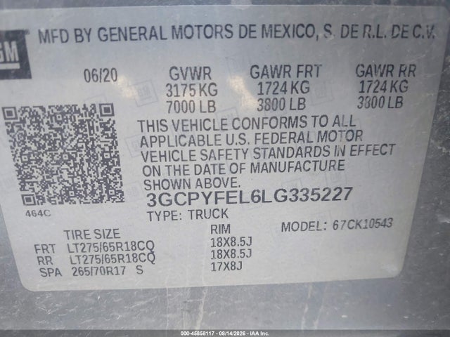 2020 Chevrolet Silverado 1500 4wd  Short Bed Lt Trail Boss მანქანა იყიდება აუქციონზე, vin: 3GCPYFEL6LG335227, აუქციონის ნომერი: 45858117