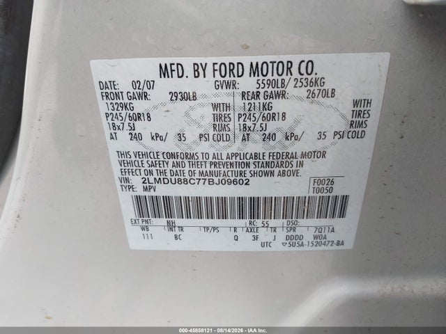 45858121 :رقم المزاد ، 2LMDU88C77BJ09602 vin ، 2007 Lincoln Mkx مزاد بيع