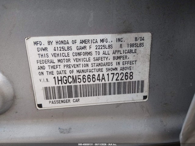 45858131 :رقم المزاد ، 1HGCM56664A172268 vin ، 2004 Honda Accord 2.4 Ex مزاد بيع