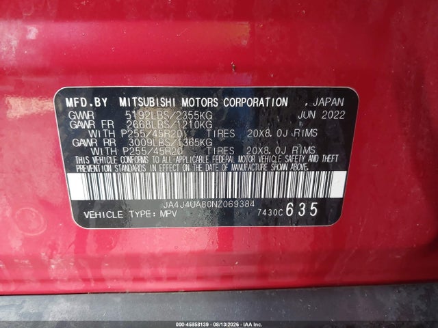 Продажа на аукционе авто 2022 Mitsubishi Outlander Black Edition S-awc, vin: JA4J4UA80NZ069384, номер лота: 45858139