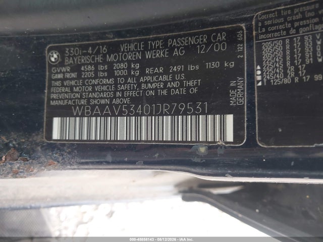 45858143 :رقم المزاد ، WBAAV53401JR79531 vin ، 2001 Bmw 330 I مزاد بيع