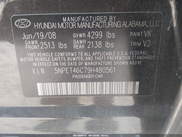 Продаж на аукціоні авто 2009 Hyundai Sonata Gls, vin: 5NPET46C79H480561, номер лоту: 45858147