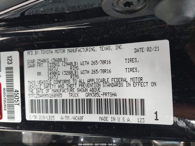 45858151 :رقم المزاد ، 5TFCZ5AN9MX260985 vin ، 2021 Toyota Tacoma Trd Pro مزاد بيع