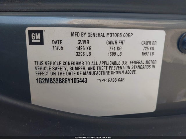 Продажа на аукционе авто 2006 Pontiac Solstice, vin: 1G2MB33B86Y105443, номер лота: 45858174