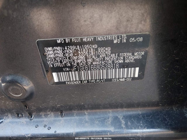 2008 Subaru Impreza 2.5i მანქანა იყიდება აუქციონზე, vin: JF1GE61668G528818, აუქციონის ნომერი: 45858175