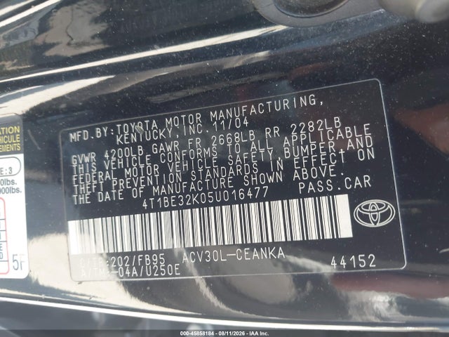 2005 Toyota Camry Le მანქანა იყიდება აუქციონზე, vin: 4T1BE32K05U016477, აუქციონის ნომერი: 45858184