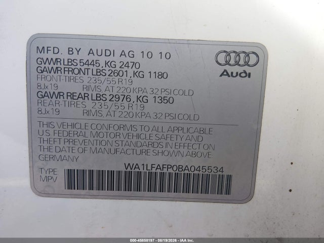 Продажа на аукционе авто 2011 Audi Q5 2.0t Premium, vin: WA1LFAFP0BA045534, номер лота: 45858197