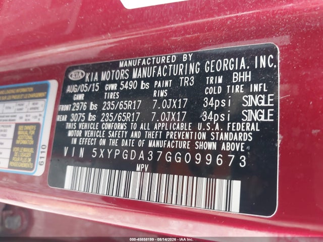 2016 Kia Sorento 2.4l Lx მანქანა იყიდება აუქციონზე, vin: 5XYPGDA37GG099673, აუქციონის ნომერი: 45858199