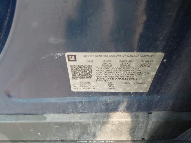 Aukcja sprzedaży 2019 Chevrolet Equinox Lt, vin: 2GNAXTEV7K6158004, numer aukcji: 45858203