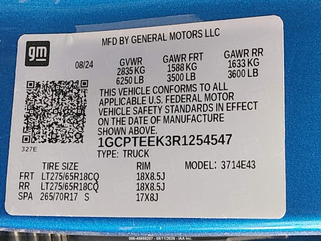 45858207 :رقم المزاد ، 1GCPTEEK3R1254547 vin ، 2024 Chevrolet Colorado 4wd Trail Boss مزاد بيع
