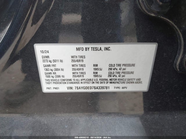 Продажа на аукционе авто 2025 Tesla Model Y Long Range Dual Motor Rear-wheel Drive, vin: 7SAYGDED7SA339781, номер лота: 45858210