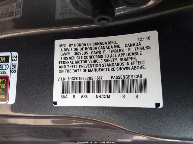 45858213 :رقم المزاد ، 2HGFG1B65BH511667 vin ، 2011 Honda Civic Lx مزاد بيع