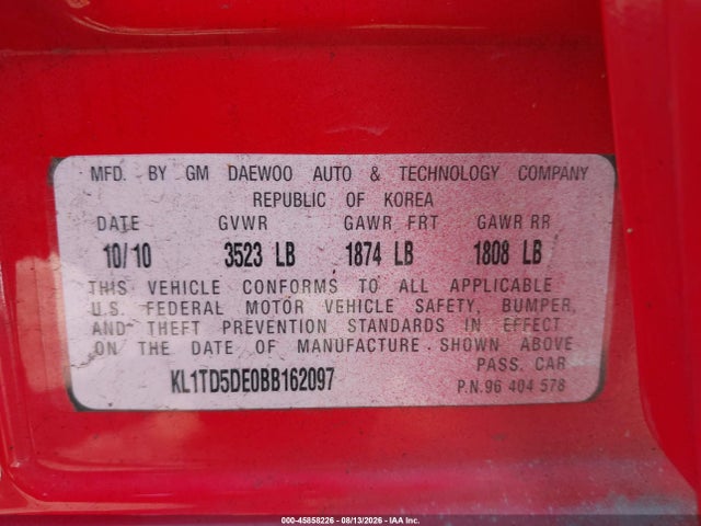 Продажа на аукционе авто 2011 Chevrolet Aveo 1lt, vin: KL1TD5DE0BB162097, номер лота: 45858226