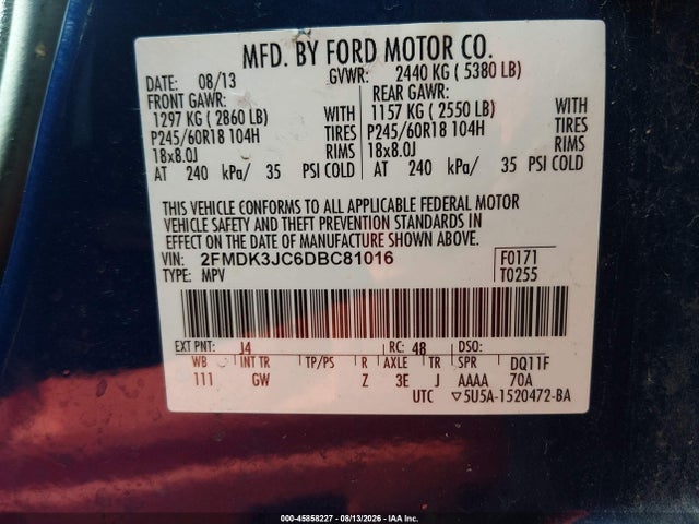 Aukcja sprzedaży 2013 Ford Edge Sel, vin: 2FMDK3JC6DBC81016, numer aukcji: 45858227