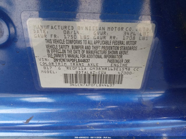 Nissan Versa 1.6 S+ 2015 3N1CN7AP0FL844637 Image 9