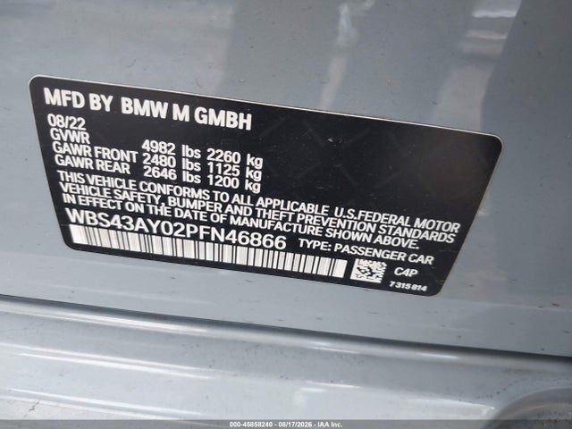 Aukcja sprzedaży 2023 Bmw M3 Competition Xdrive, vin: WBS43AY02PFN46866, numer aukcji: 45858240
