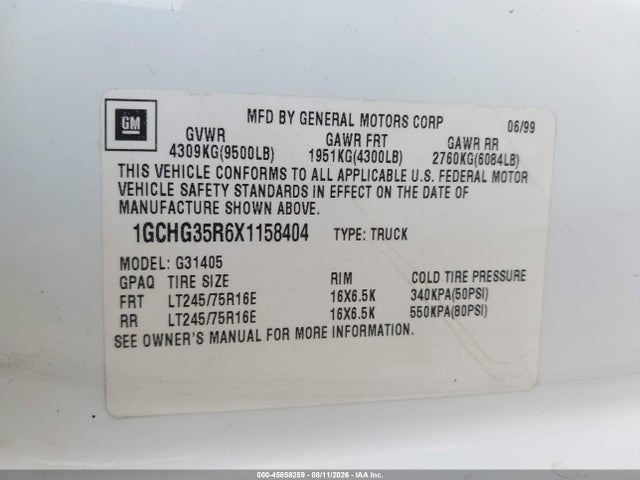 Aukcja sprzedaży 1999 Chevrolet Express, vin: 1GCHG35R6X1158404, numer aukcji: 45858259