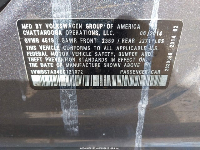 2014 Volkswagen Passat 1.8t Se მანქანა იყიდება აუქციონზე, vin: 1VWBS7A34EC121072, აუქციონის ნომერი: 45858260
