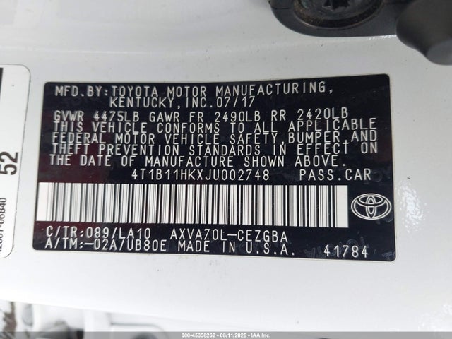 4T1B11HKXJU002748 Toyota CAMRY XLE