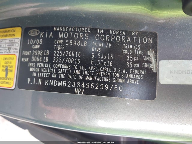 Aukcja sprzedaży 2009 Kia Sedona Lx, vin: KNDMB233496299760, numer aukcji: 45858263