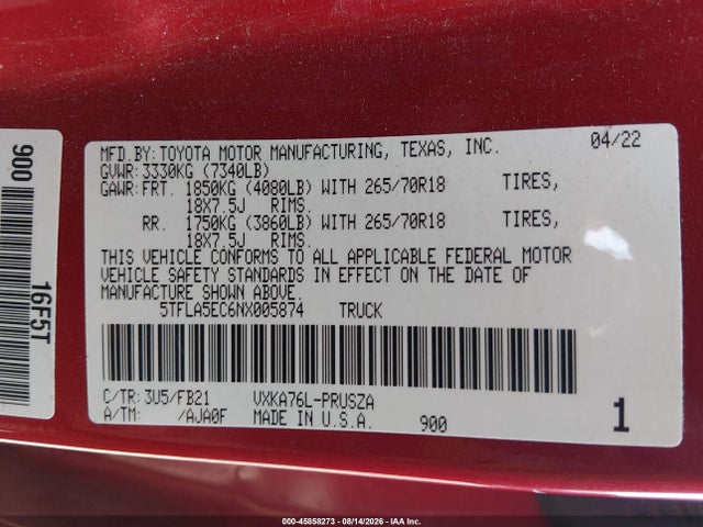 45858273 :رقم المزاد ، 5TFLA5EC6NX005874 vin ، 2022 Toyota Tundra Sr5 مزاد بيع