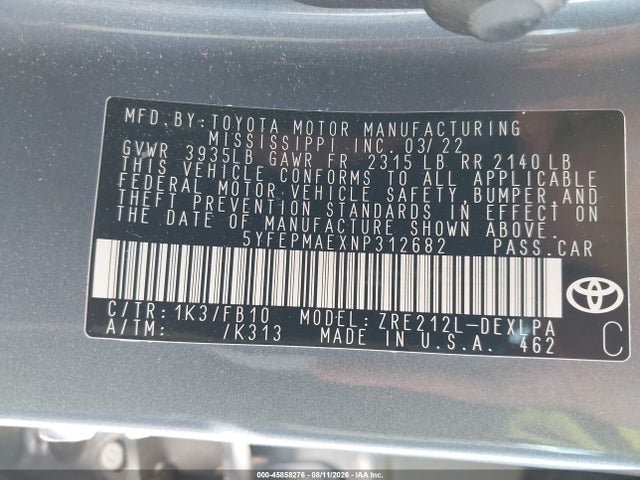 Toyota COROLLA LE 2022 5YFEPMAEXNP312682 Image 9