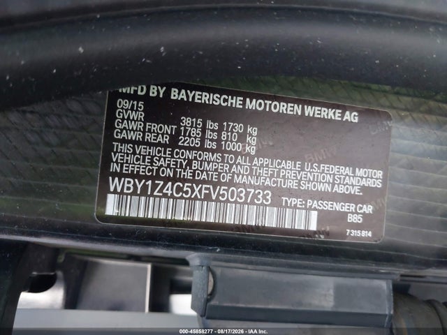Продажа на аукционе авто 2015 Bmw I3 Base W/range Extender, vin: WBY1Z4C5XFV503733, номер лота: 45858277