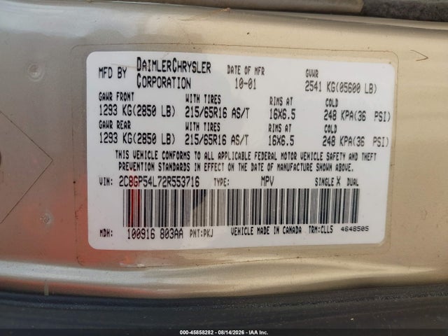 45858282 :رقم المزاد ، 2C8GP54L72R553716 vin ، 2002 Chrysler Town & Country Lxi مزاد بيع