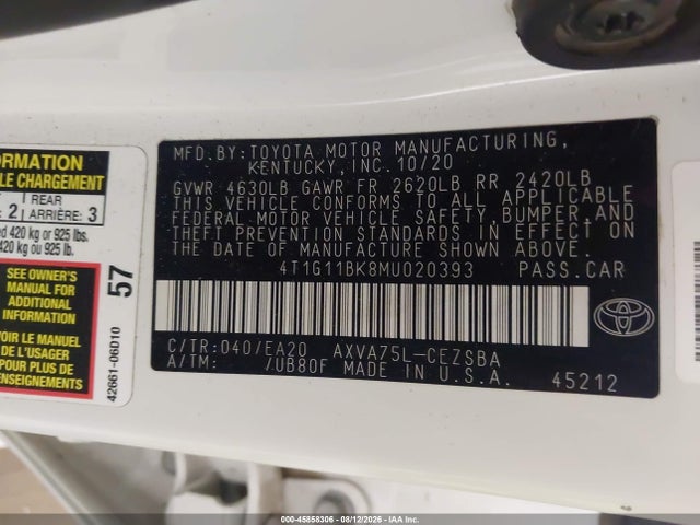 Aukcja sprzedaży 2021 Toyota Camry Se Awd, vin: 4T1G11BK8MU020393, numer aukcji: 45858306