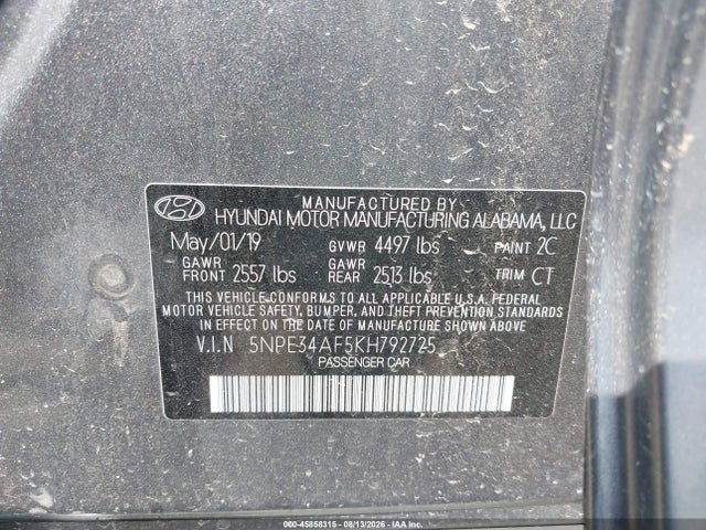 Aukcja sprzedaży 2019 Hyundai Sonata Sel, vin: 5NPE34AF5KH792725, numer aukcji: 45858315
