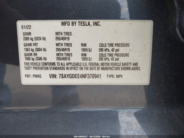 Продаж на аукціоні авто 2022 Tesla Model Y Long Range Dual Motor All-wheel Drive, vin: 7SAYGDEE4NF370941, номер лоту: 45858337