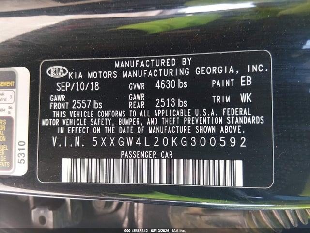 2019 Kia Optima Sx Turbo მანქანა იყიდება აუქციონზე, vin: 5XXGW4L20KG300592, აუქციონის ნომერი: 45858342