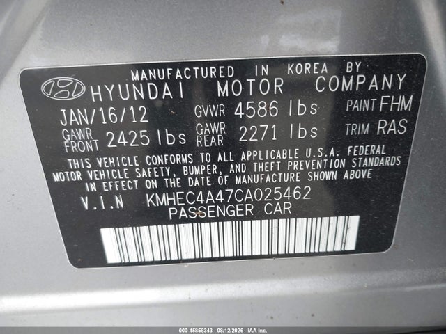 45858343 :رقم المزاد ، KMHEC4A47CA025462 vin ، 2012 Hyundai Sonata Hybrid مزاد بيع