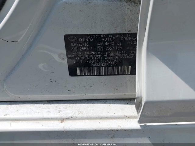 Aukcja sprzedaży 2019 Hyundai Sonata Hybrid Se, vin: KMHE24L32KA089513, numer aukcji: 45858345