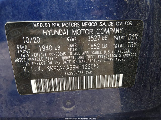 Продажа на аукционе авто 2021 Hyundai Accent Se, vin: 3KPC24A69ME132382, номер лота: 45858347