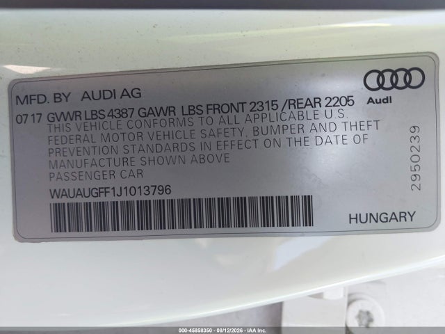 45858350 :رقم المزاد ، WAUAUGFF1J1013796 vin ، 2018 Audi A3 2.0t Premium/2.0t Tech Premium مزاد بيع