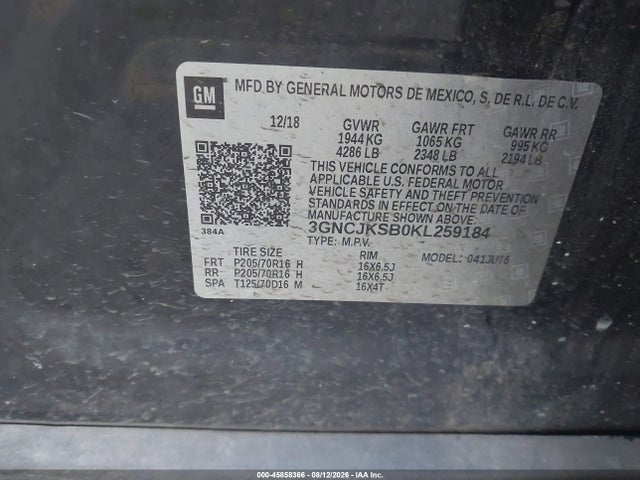 Aukcja sprzedaży 2019 Chevrolet Trax Ls, vin: 3GNCJKSB0KL259184, numer aukcji: 45858366