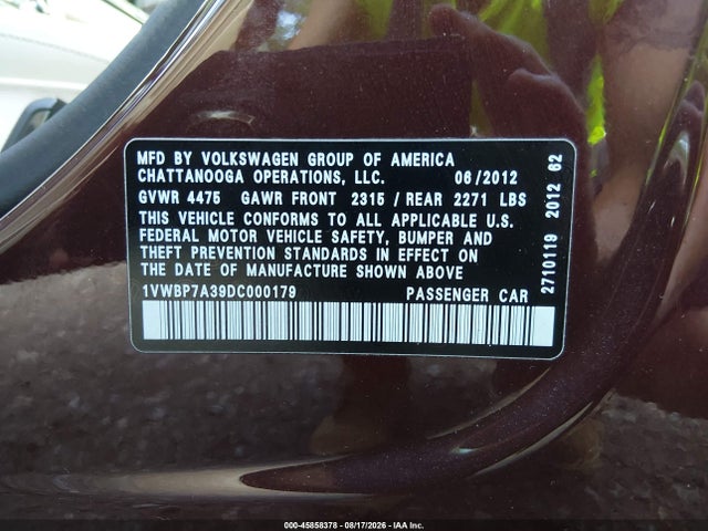 45858378 :رقم المزاد ، 1VWBP7A39DC000179 vin ، 2013 Volkswagen Passat 2.5l Se مزاد بيع