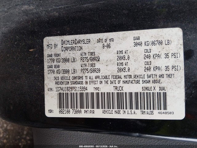 Продажа на аукционе авто 2007 Dodge Ram 1500 St/slt, vin: 1D7HU18297S115994, номер лота: 45858393