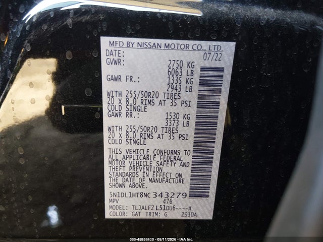 2022 Infiniti Qx60 Autograph მანქანა იყიდება აუქციონზე, vin: 5N1DL1HT8NC343279, აუქციონის ნომერი: 45858430