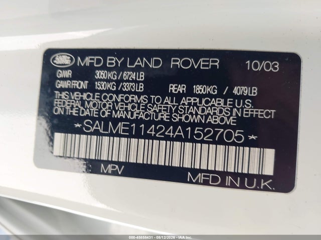 45858431 :رقم المزاد ، SALME11424A152705 vin ، 2004 Land Rover Range Rover Hse مزاد بيع