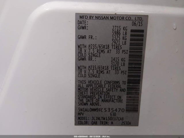 45858445 :رقم المزاد ، 5N1AL0MM9FC535470 vin ، 2015 Infiniti Qx60 مزاد بيع