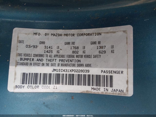 45858451 :رقم المزاد ، JM1EC431XP0228039 vin ، 1993 Mazda Mx-3 مزاد بيع